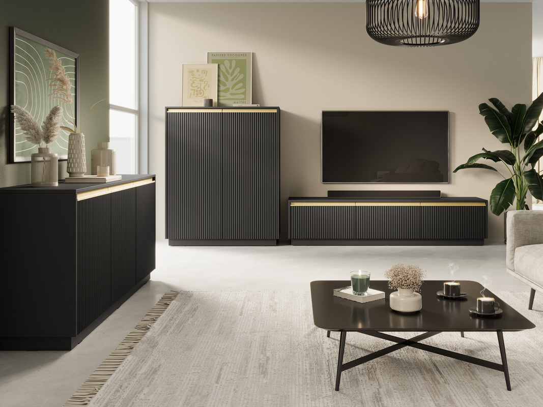 Nowoczesna czarna meblościanka do salonu z szafką RTV RAVO