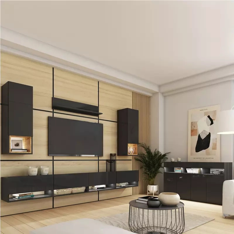 Meblościanka z komodą czarna połysk PREMIUM