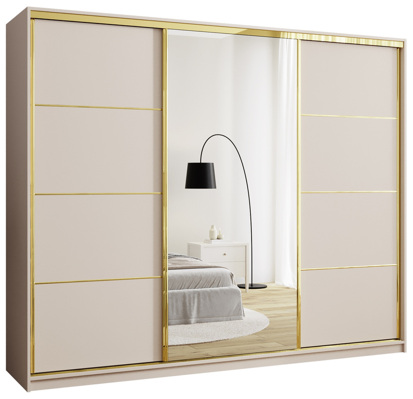 Beżowa duża szafa przesuwna z lustrem 250 cm GOLD NEW