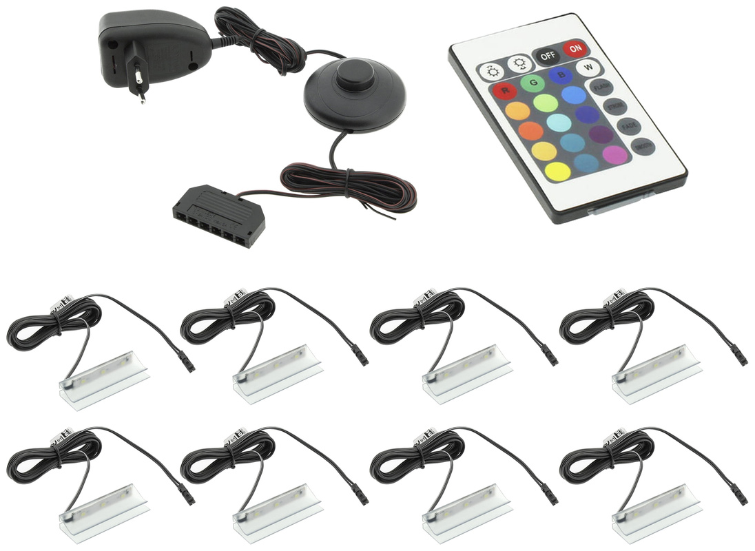 Oświetlenie półek szklanych LED 8 klipsów RGB 230v z pilotem