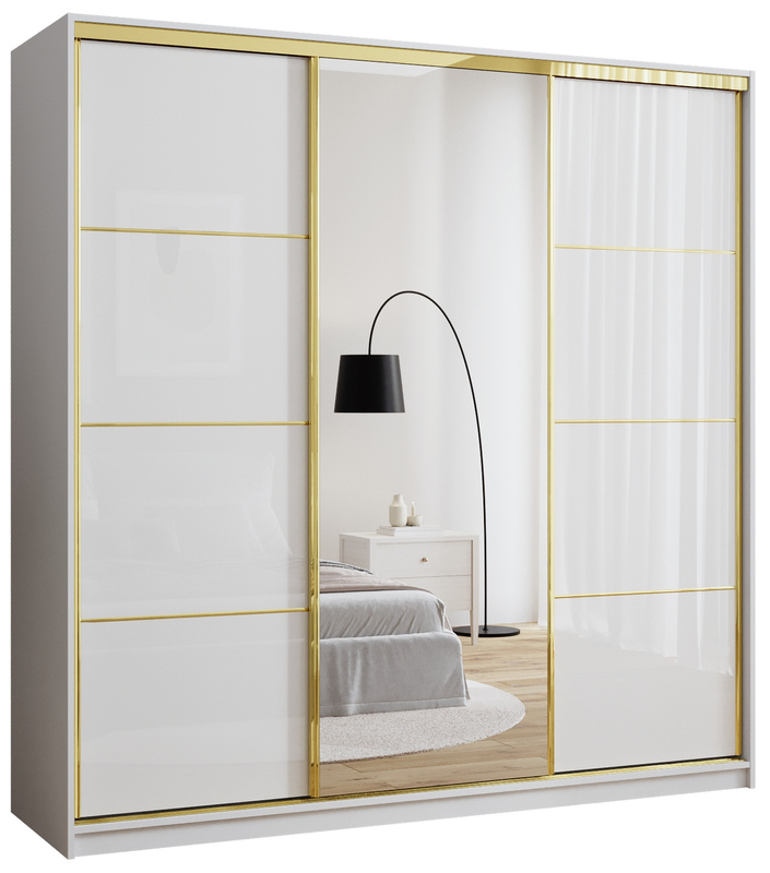 Biała szafa przesuwna z lustrem 200 cm GOLD połysk