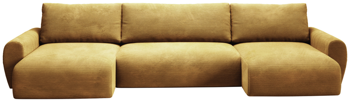 Musztardowy narożnik U nowoczesny do salonu z funkcją spania sztruksowy PATI