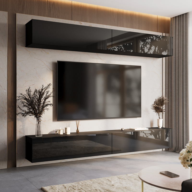 Nowoczesna meblościanka do salonu 280 cm czarny połysk PREMIUM
