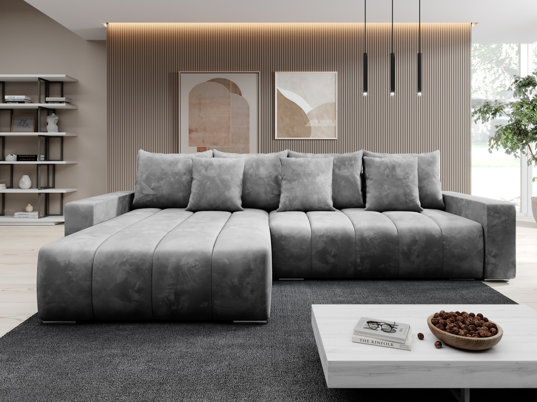 Szary welurowy narożnik z funkcją spania do salonu PANAMA