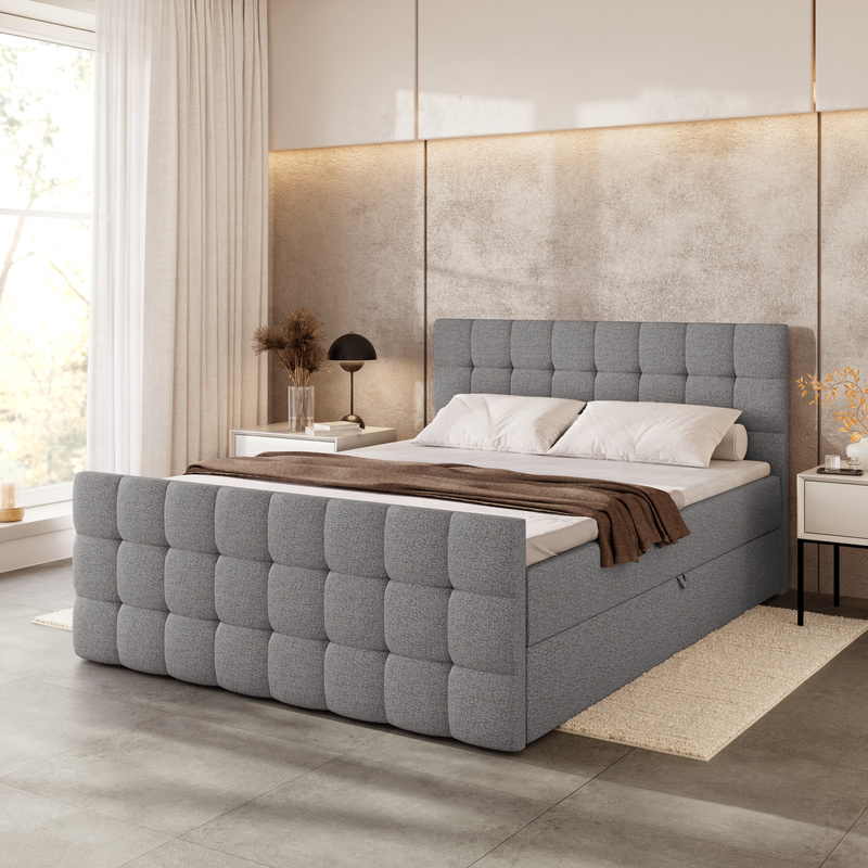 Szare łóżko 140x200 z pojemnikiem kontynentalne DAKOTA DUO