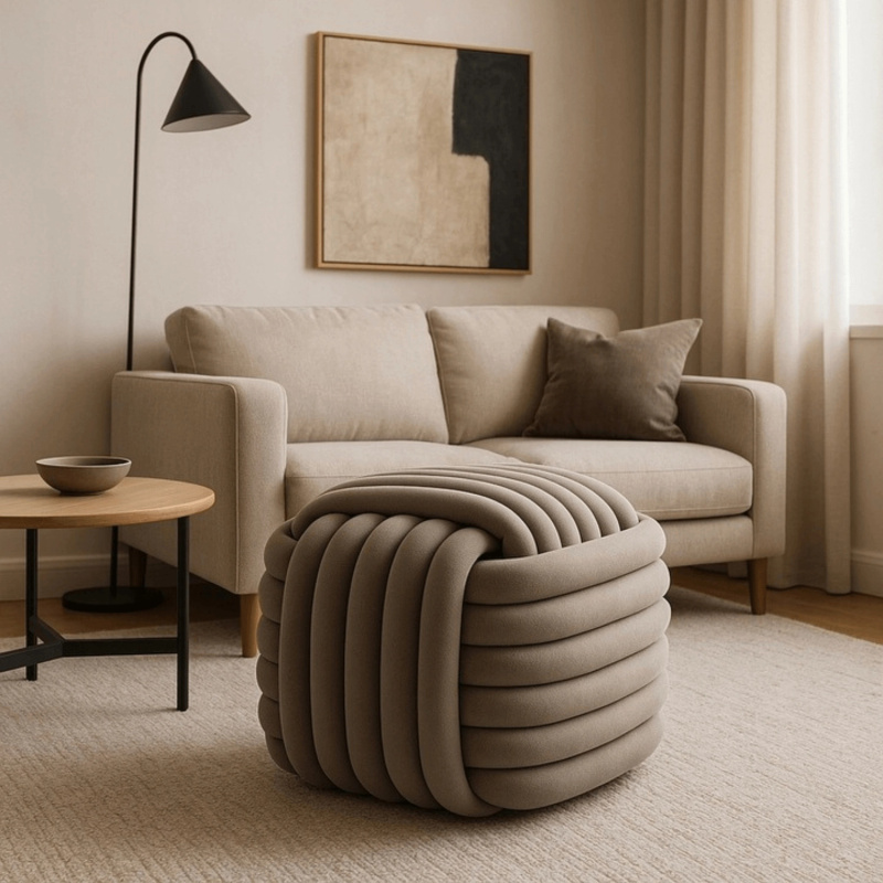 Beżowa pufa pleciona do salonu MAGMA 50 cm