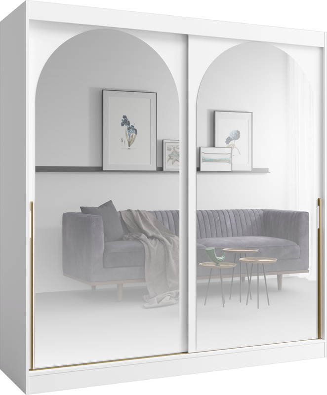 Duża biała szafa 200cm do sypialni salonu z dwoma lustrami drzwi przesuwne złote uchwyty