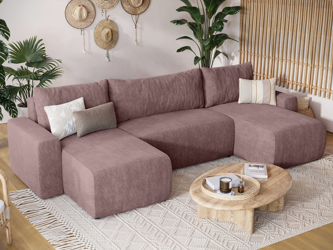 Duży narożnik z funkcją spania i pojemnikiem PLUSH U sztruks