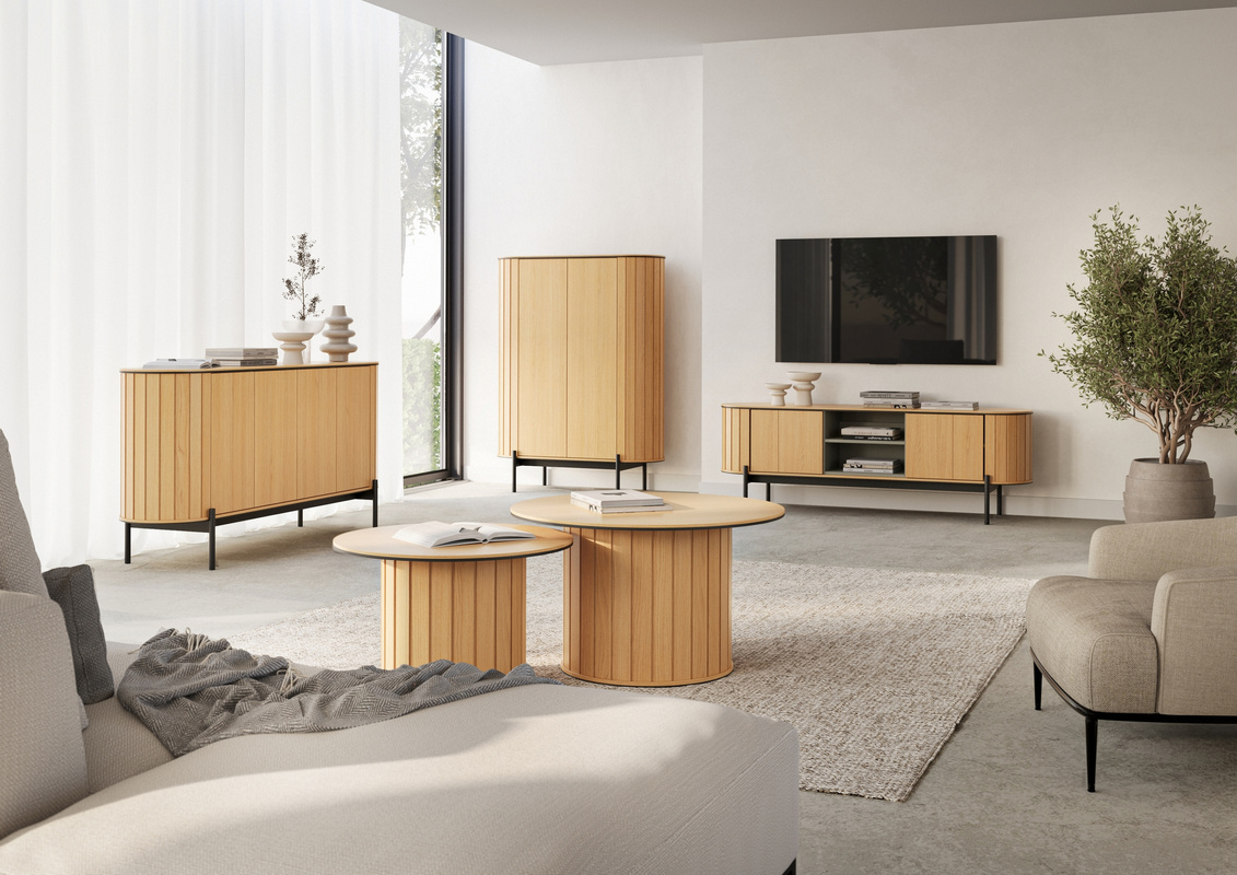 Zestaw mebli do salonu z komodą w stylu boho ROTTO dąb vicenza