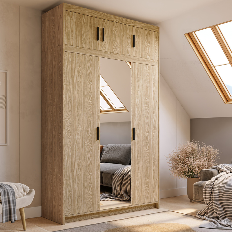 Trzydrzwiowa szafa z lustrem z nadstawką 133 cm dąb olejowany KUBA