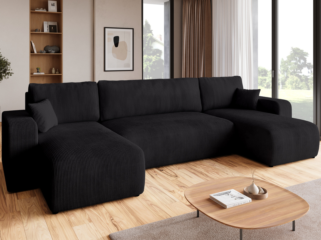 Czarny sztruksowy narożnik z funkcją spania do salonu PUMI U