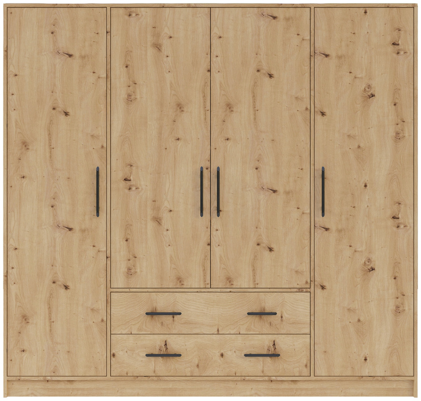 Czterodrzwiowa szafa z półkami do garderoby SEVAS szuflady dąb artisan