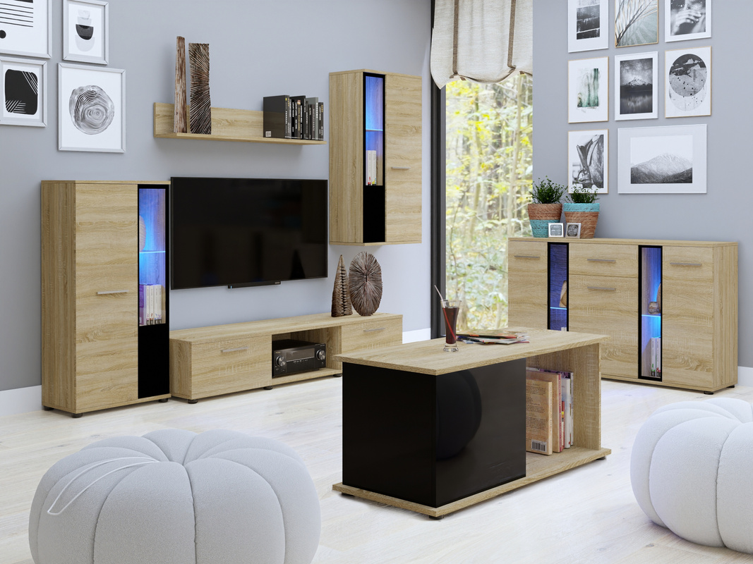 Meblościanka do salonu z komodą i ławą dąb sonoma CUBE