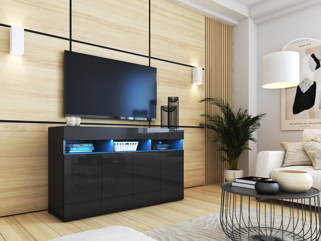 Komoda do salonu czarna połysk 140 cm PREMIUM