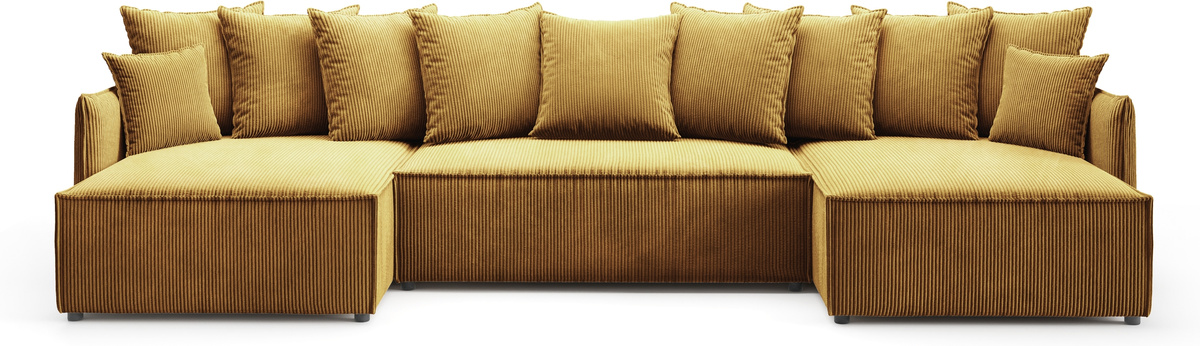 Musztardowy duży narożnik U do salonu z poduchami ARTUR