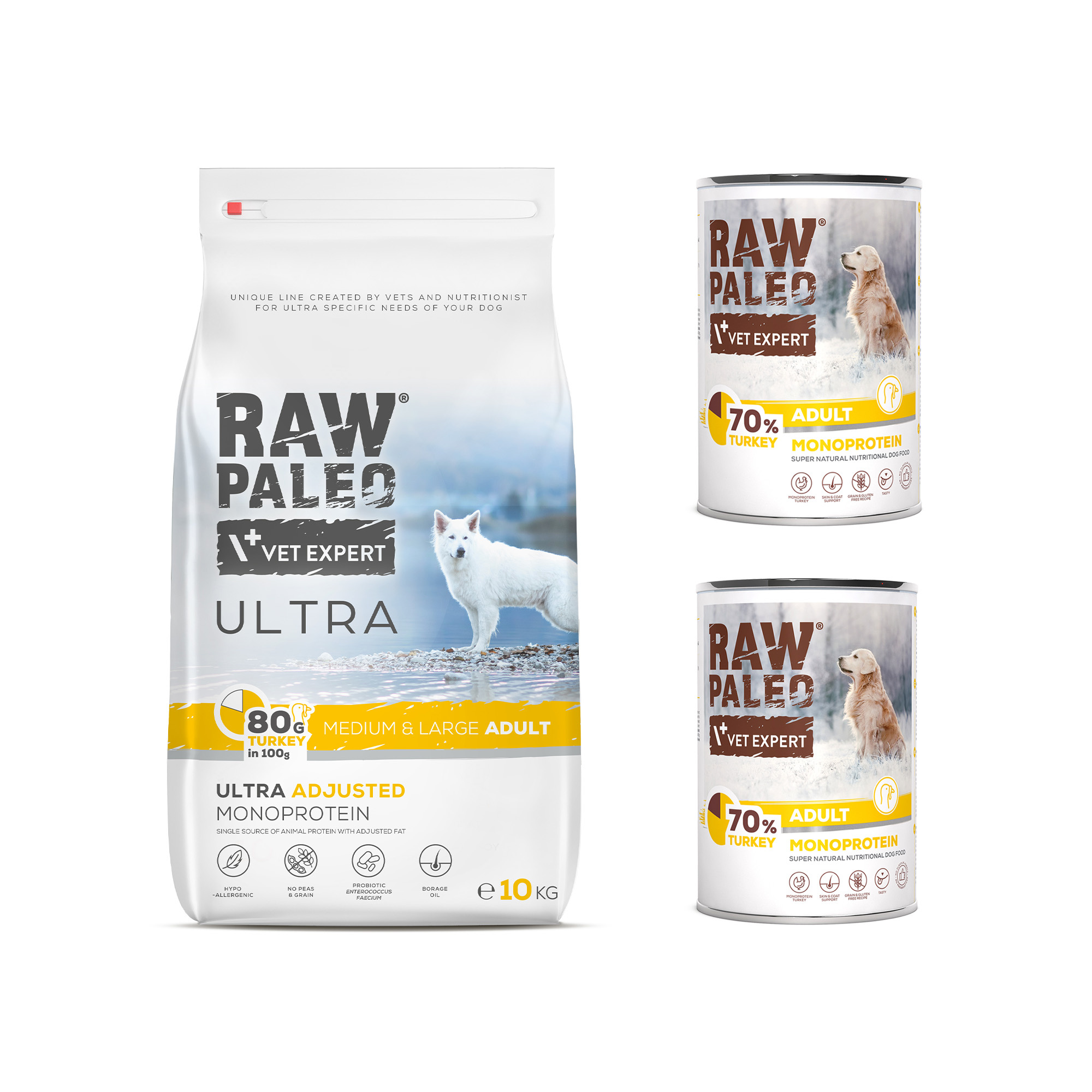 RAW PALEO ULTRA TURKEY MEDIUM ADULT 10kg i 2x TURKEY ADULT puszka 400g - zestaw karmy z indykiem dla psa rasy średniej i dużej