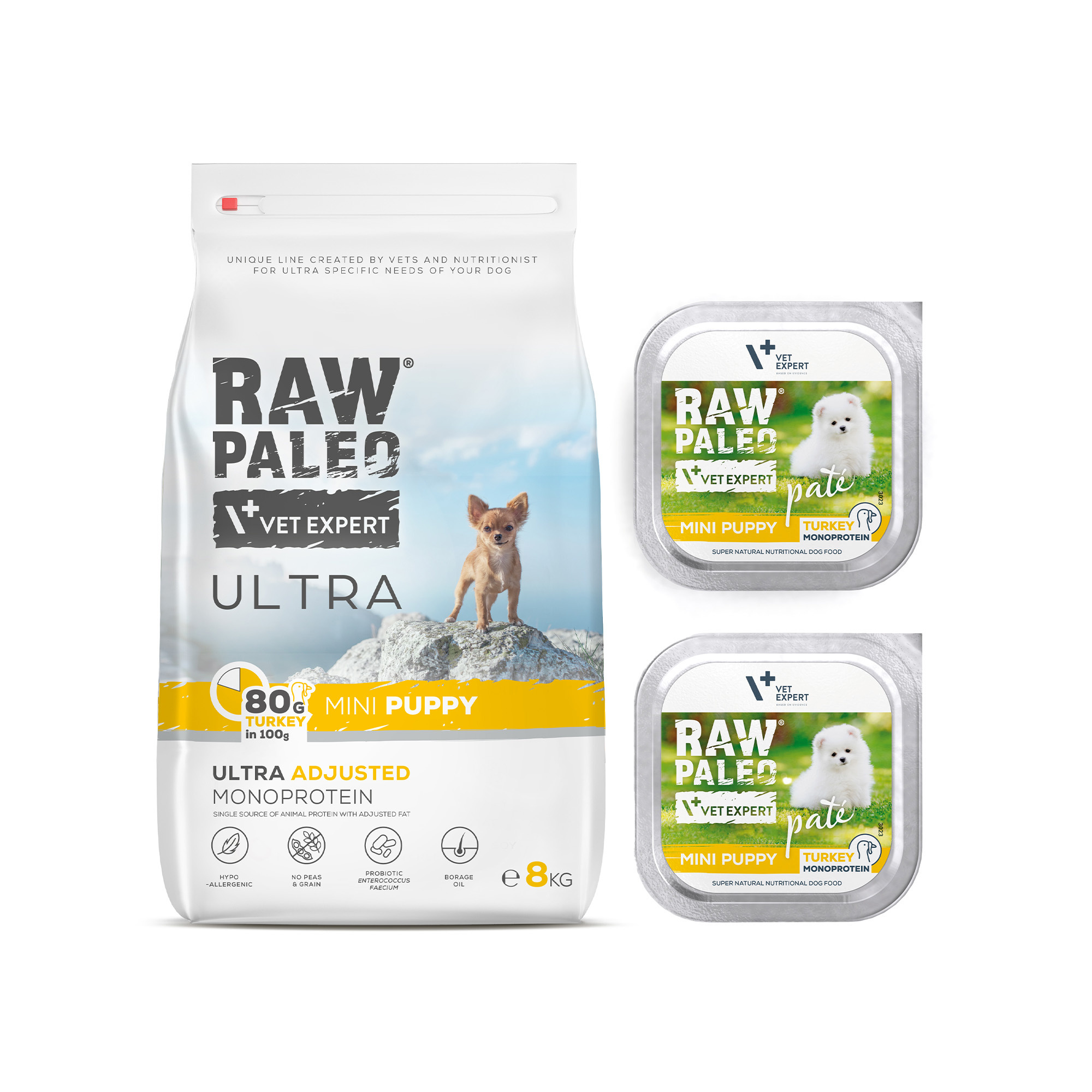 RAW PALEO ULTRA TURKEY MINI PUPPY 8kg i 2x TURKEY PATE tacka 150g - zestaw karmy z indykiem dla szczeniąt rasy małej