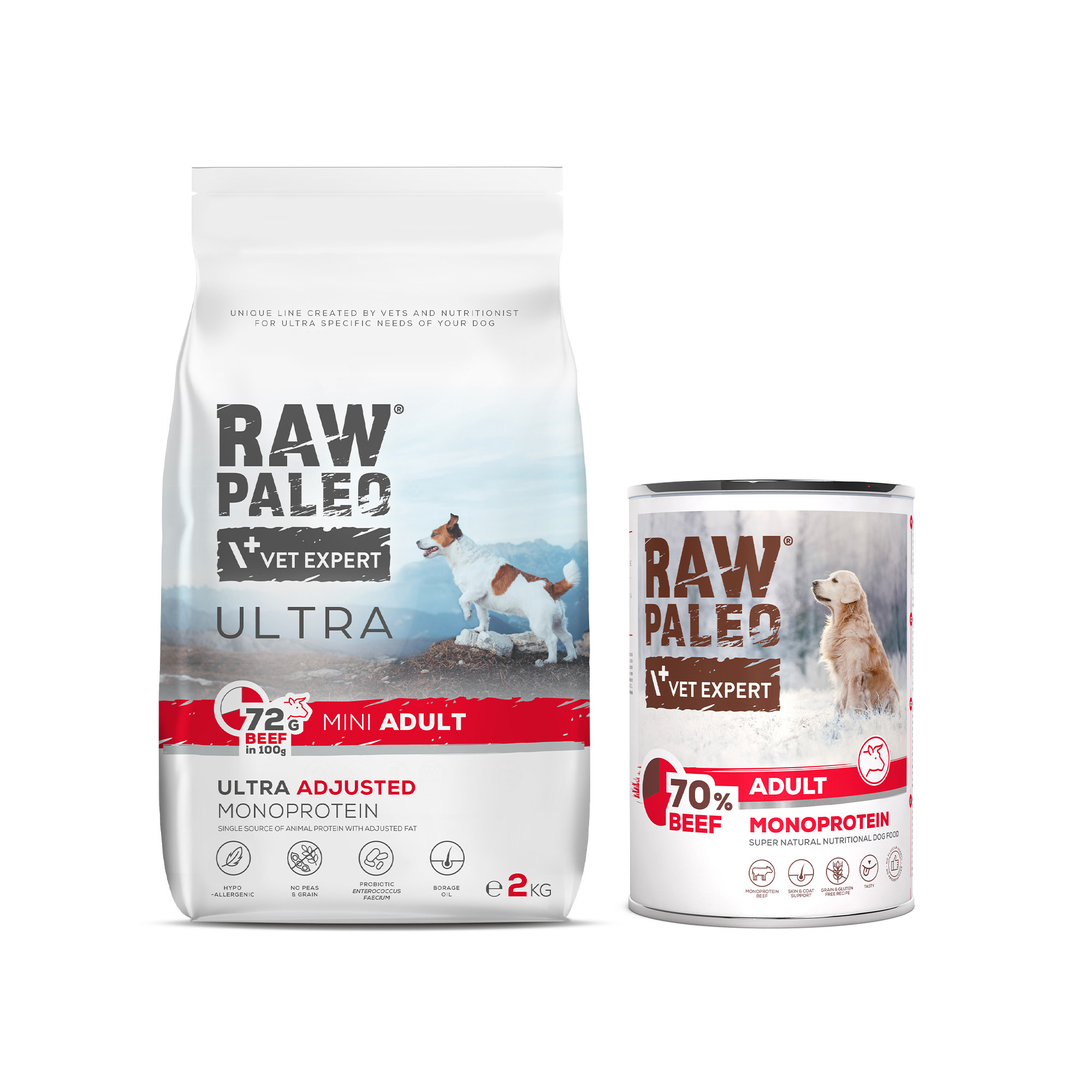 RAW PALEO ULTRA BEEF MINI ADULT 2kg i 1x BEEF ADULT puszka 400g - zestaw karmy z wołowiną dla psa rasy małej
