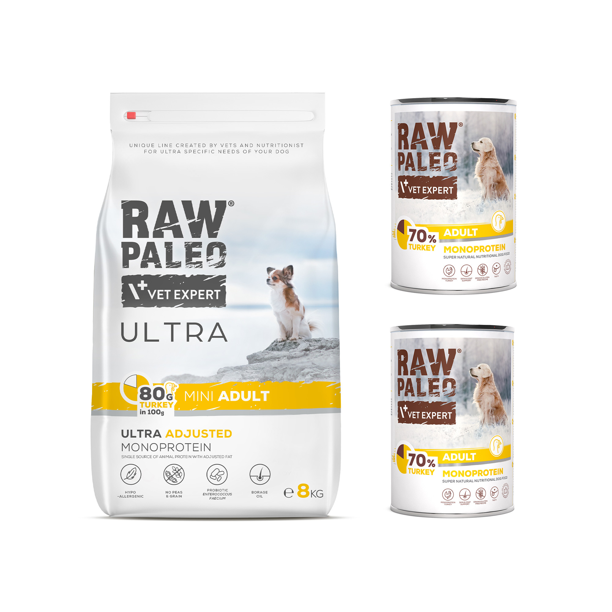 RAW PALEO ULTRA TURKEY MINI ADULT 8kg i 2x TURKEY ADULT puszka 400g - zestaw karmy z indykiem dla psa rasy małej