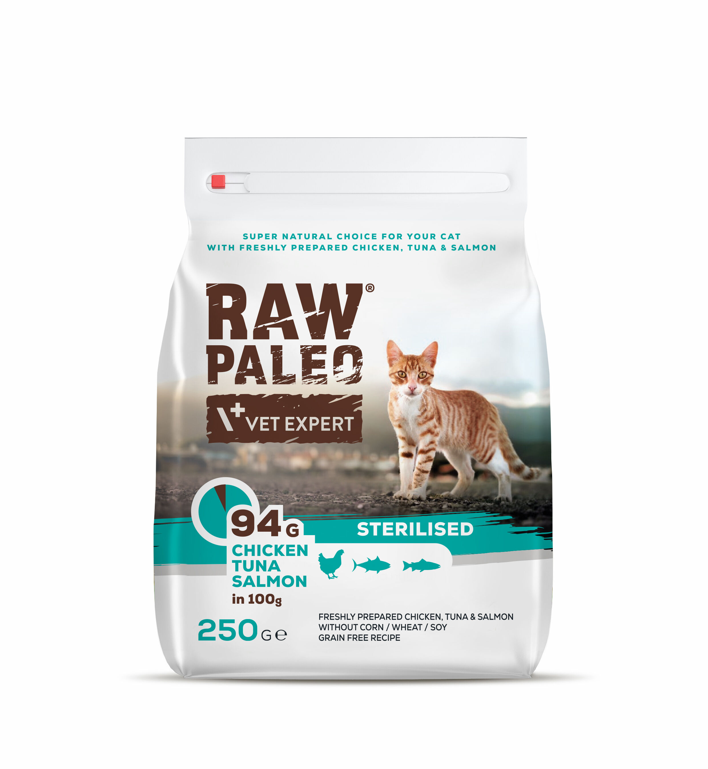 RAW PALEO STERILISED CAT – sucha karma z kurczakiem, tuńczykiem i łososiem dla kotów sterylizowanych