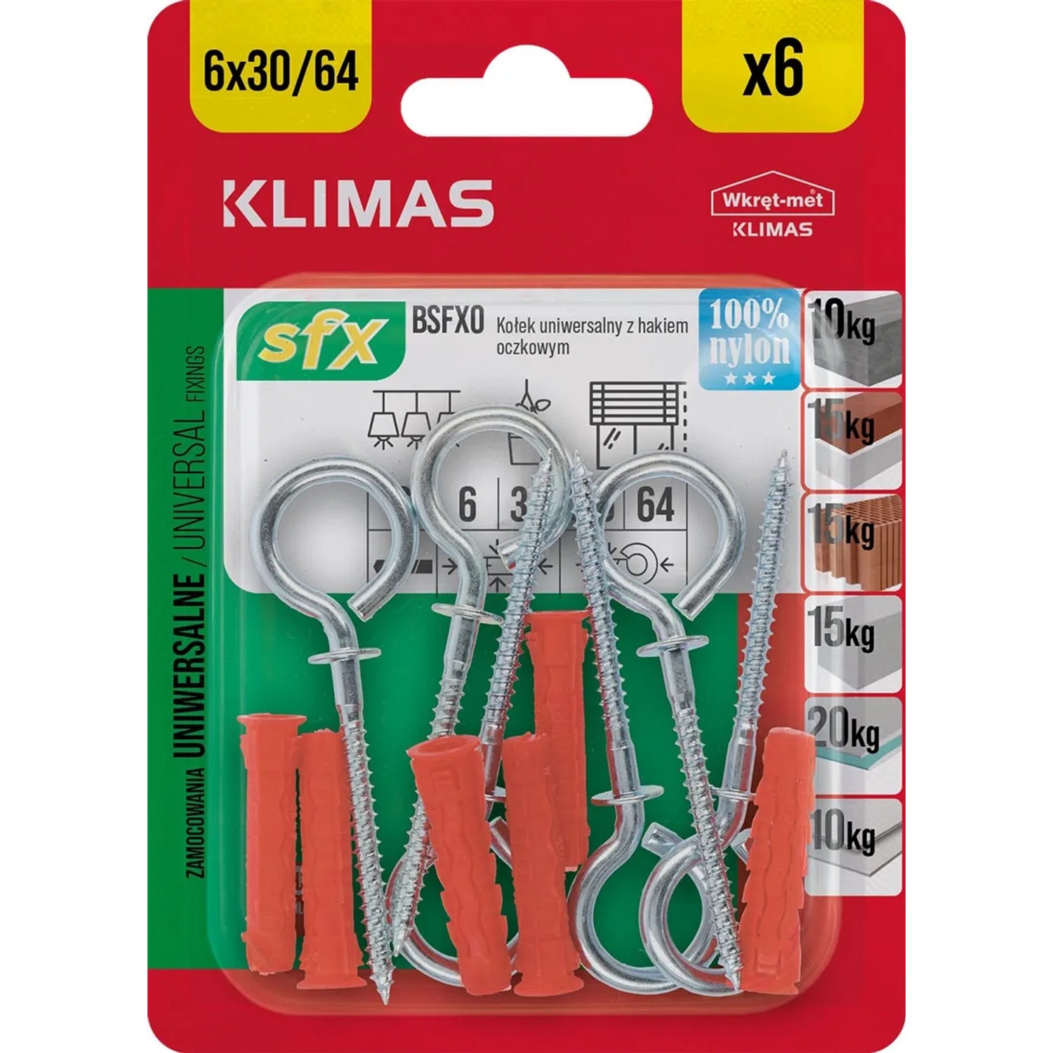 Wkręt-met Kołek SFX uniwersalny 6x30mm z hakiem oczkowym 6szt