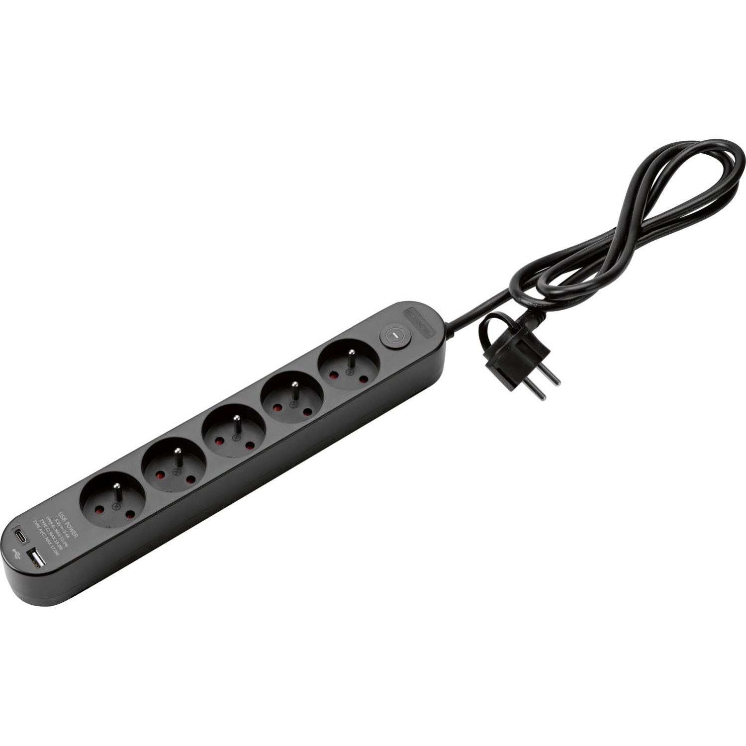 Przedłużacz 5-gniazdkowy Z/U + USB/USB C czarny - 1,4 m