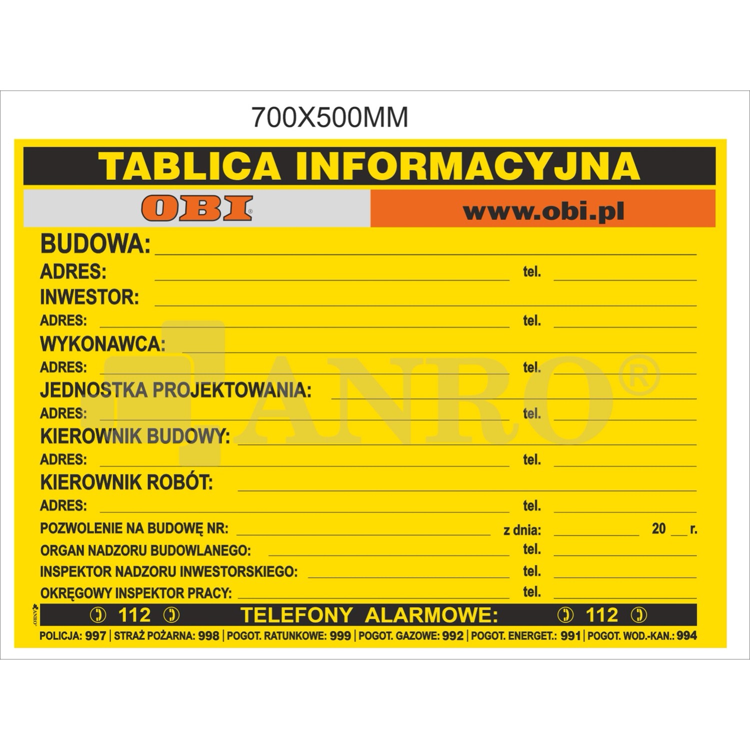 Tablica budowlana z logo OBI 500 x 700 cm