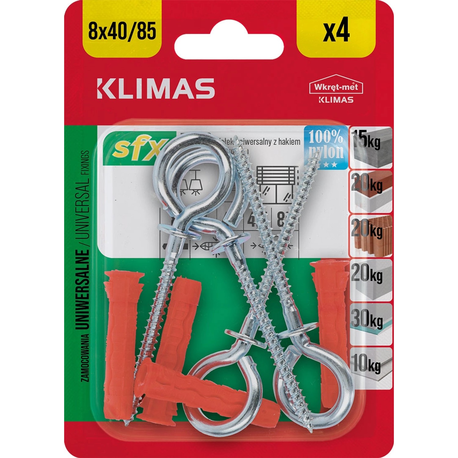 Wkręt-met Kołek SFX uniwersalny 8x40mm z hakiem otwartym 4szt