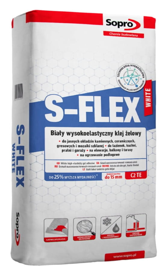 Klej do płytek biały Sopro S-Flex 202 C2TE wysokoelastyczny żelowy 22,5 kg