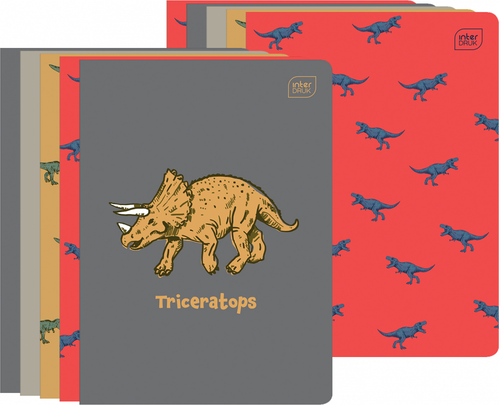 10x Zeszyt w wąskie kolorowe linie Interdruk UV Dinozaurus, A5, 32 kartki, mix wzorów