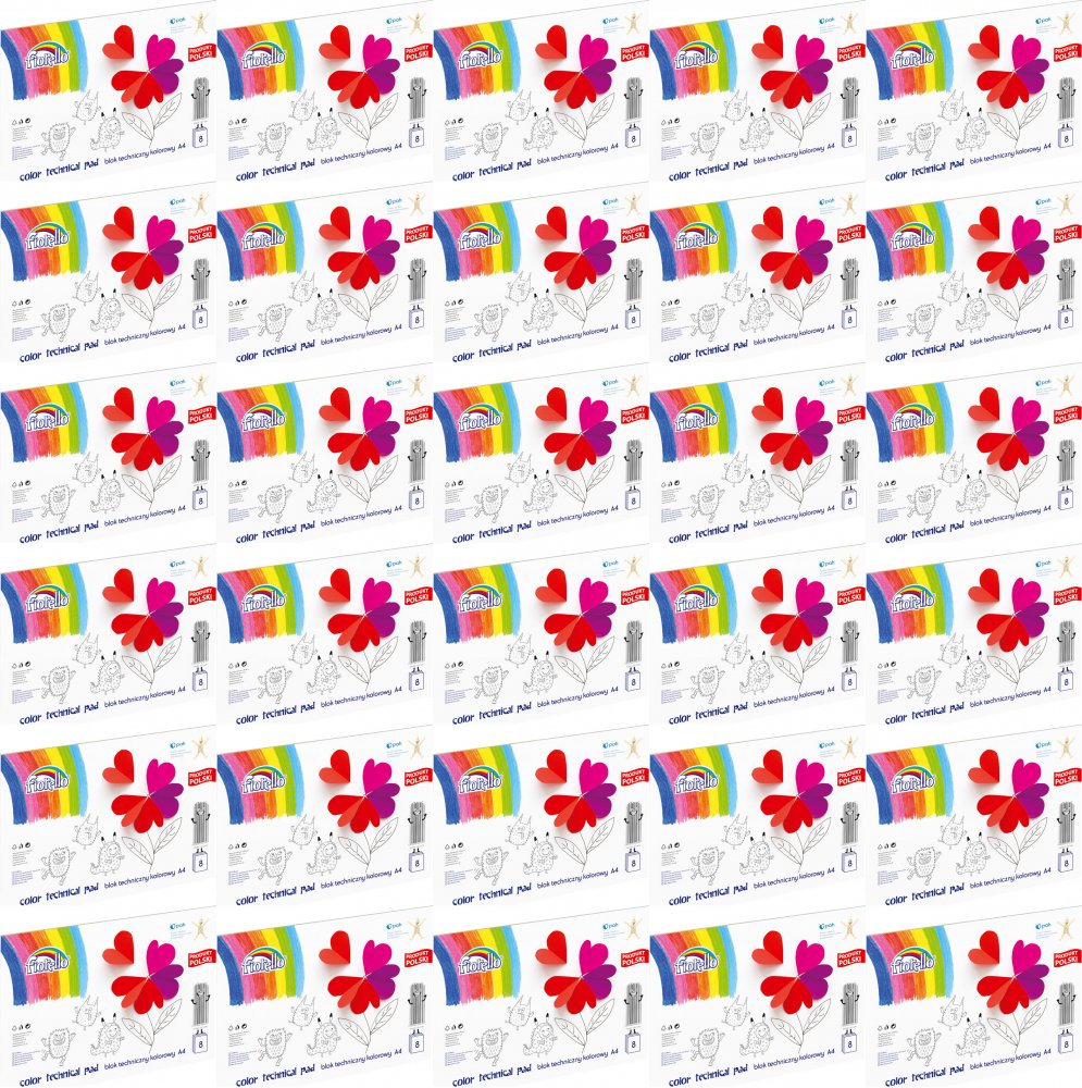 30x Blok techniczny kolorowy Fiorello, A4, 8 kartek, mix wzorów