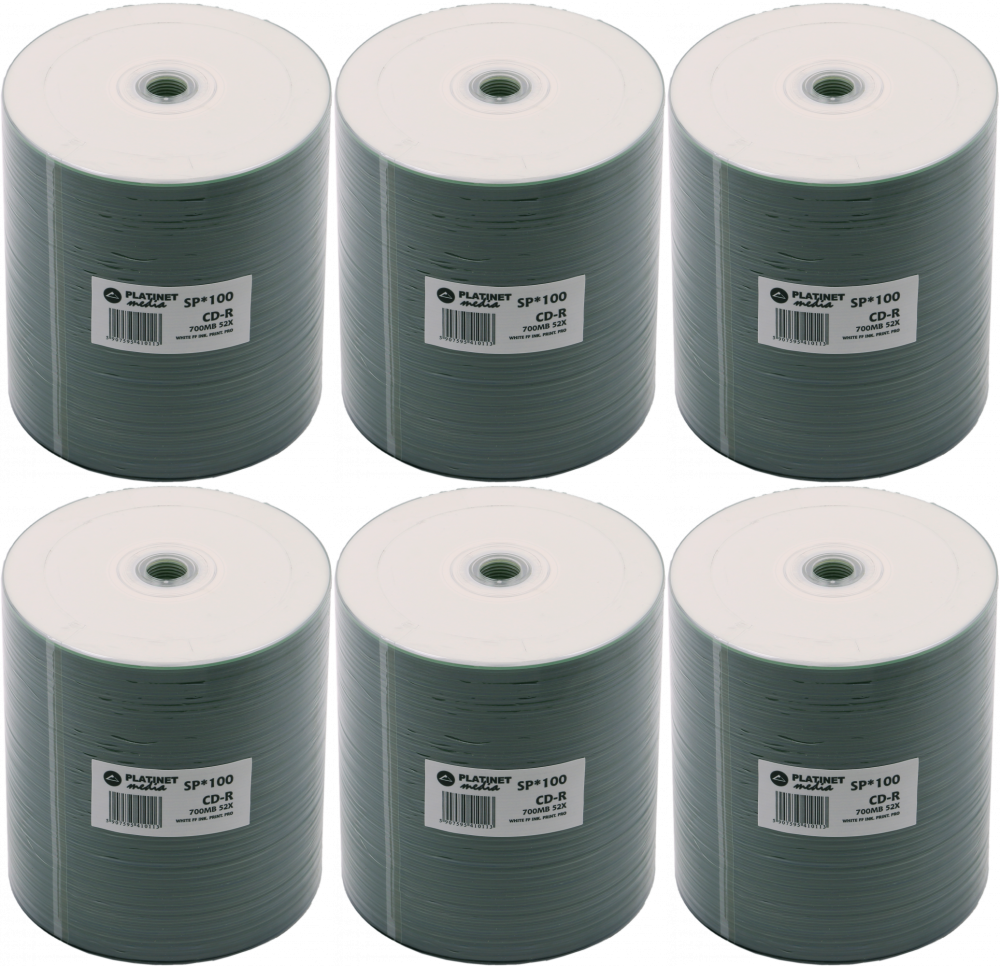 6x Płyta CD-R Platinet, do nadruku, do jednokrotnego zapisu, 700 MB, folia, 100 sztuk