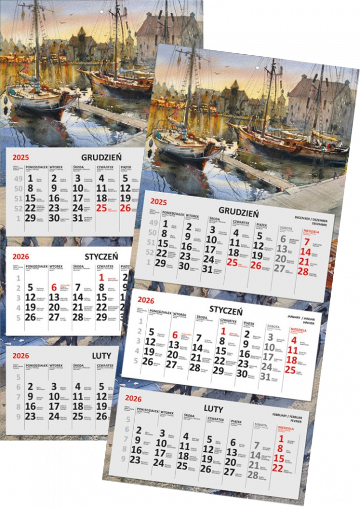 2x Kalendarz ścienny Udziałowiec 2026, 310x680mm, trójdzielny płaski, żaglówki