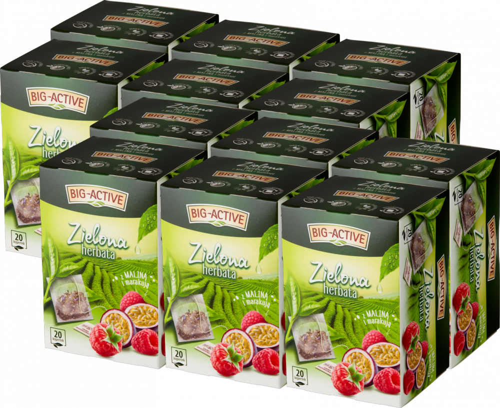 12x Herbata zielona smakowa w kopertach Big-Active, malina + marakuja, 20 sztuk x 1.7g