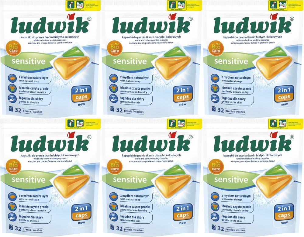 6x Kapsułki do prania tkanin białych i kolorowych Ludwik Sensitive 2 in 1, 32 sztuki