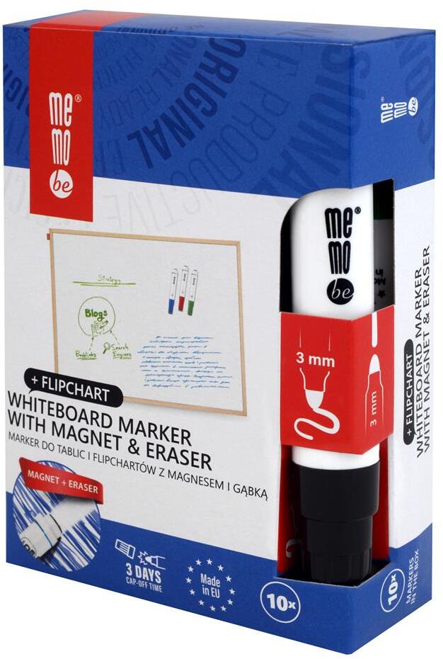 10x Marker suchościeralny/do flipchartów MemoBe MM351, z magnesem i gąbką, okrągła, 1-3mm, czarny