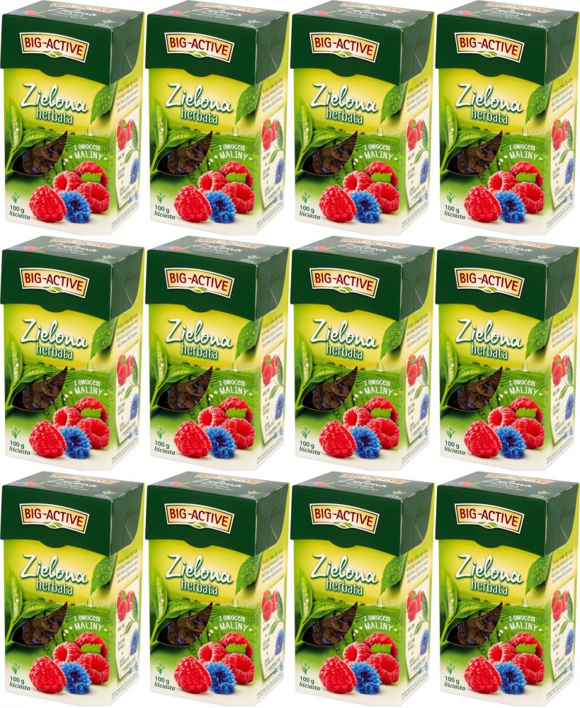 12x Herbata zielona smakowa liściasta Big-Active, z owocem maliny, 100g