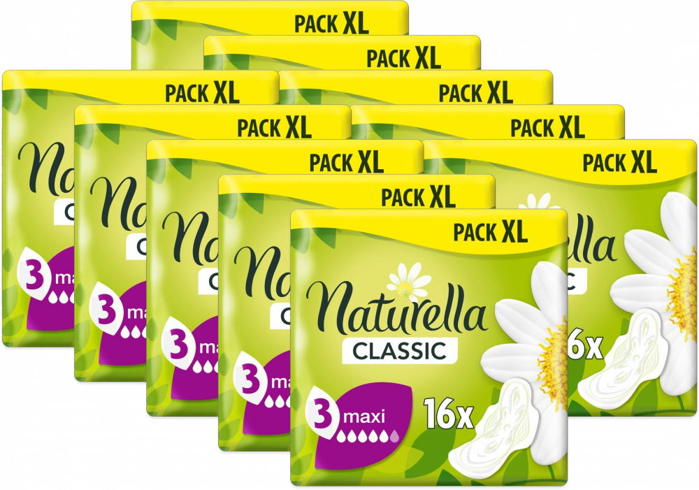 10x Podpaski Naturella Camomile Classic Maxi, ze skrzydełkami, 16 sztuk