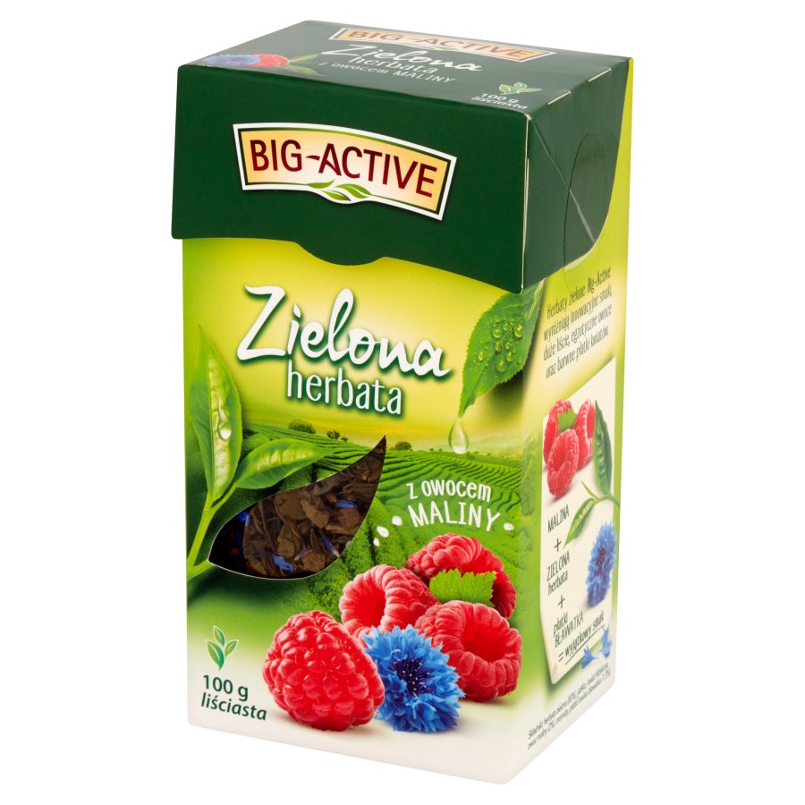 Herbata zielona smakowa liściasta Big-Active, z owocem maliny, 100g