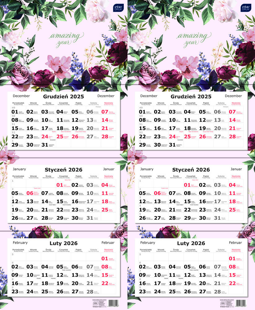 2x Kalendarz ścienny 2026, Interdruk, trójdzielny, 34x82.5cm, Kwiaty