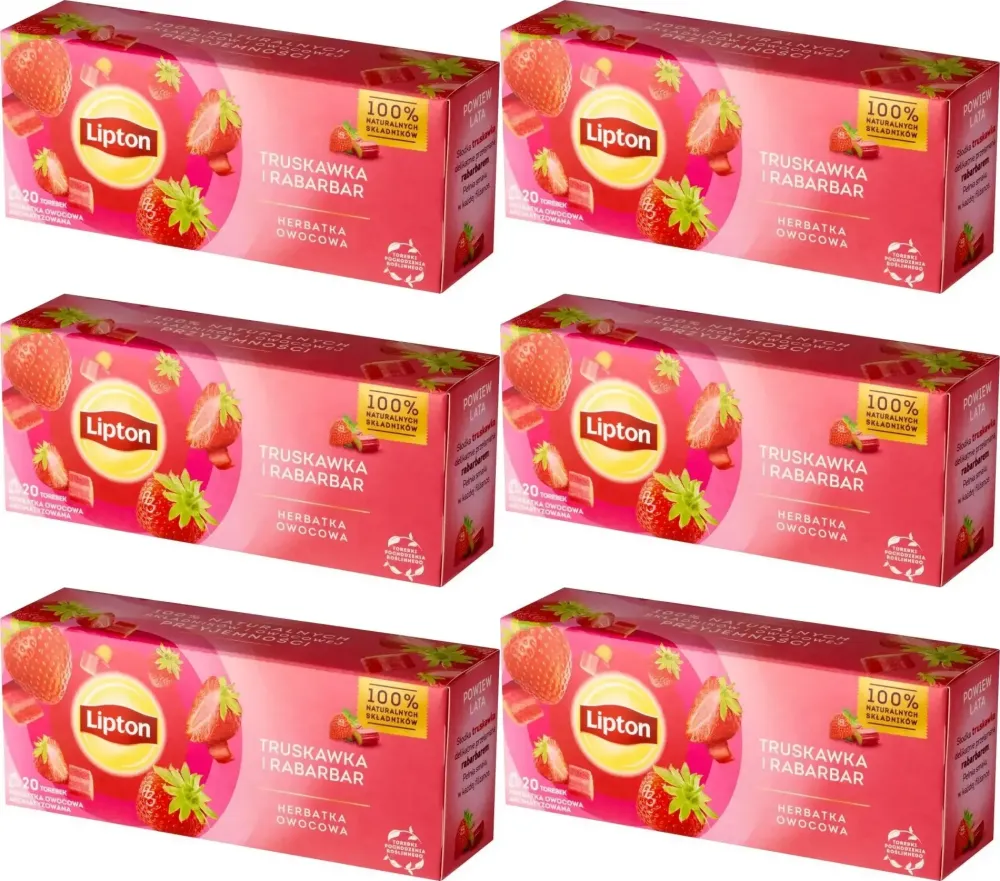 6x Herbata owocowa w torebkach Lipton, truskawka i rabarbar, 20 sztuk x 1.6g