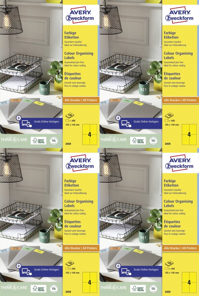4x Etykiety Avery Zweckform, 105x148mm, trwałe, 100 arkuszy, żółty