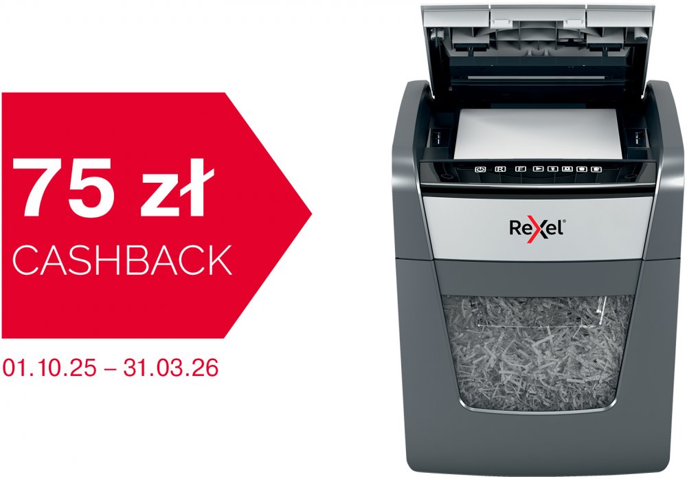 Niszczarka do papieru automatyczna Rexel Optimum AutoFeed+ 50X, konfetti 4x28 mm, 50 kartek, P-4 DIN, czarno-srebrny