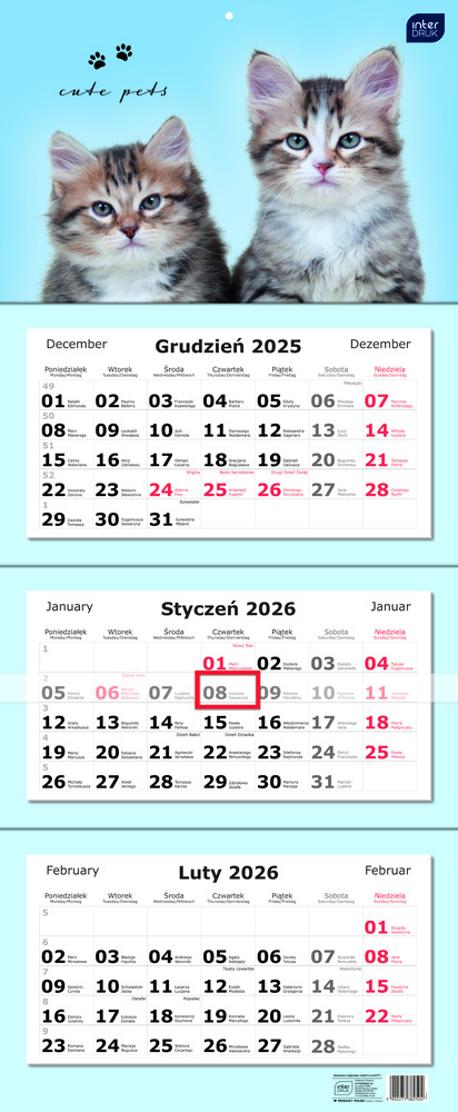 Kalendarz ścienny 2026, Interdruk, trójdzielny, 34x82.5cm, Koty