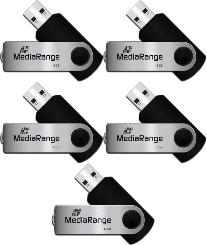 5x Pendrive MediaRange, 16GB, obracany, USB 2.0, srebrno-czarny