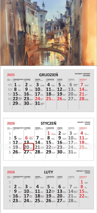 Kalendarz ścienny 2026, Udziałowiec, trójdzielny, 310x680mm kamienica