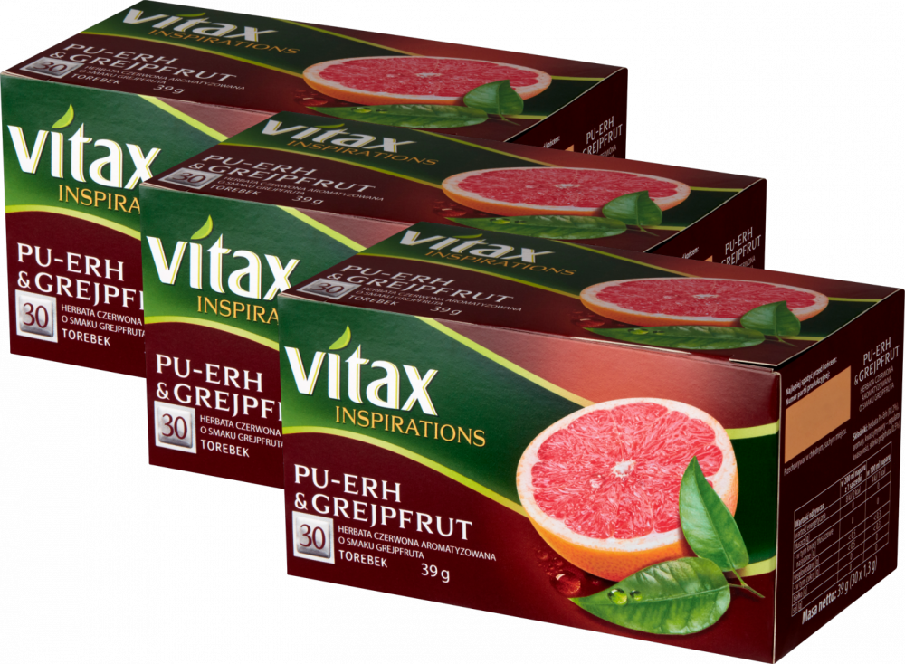 3x herbata czerwona w torebkach Vitax Inspirations Pu-erh&Grejpfrut, 30 sztuk x 1.3g