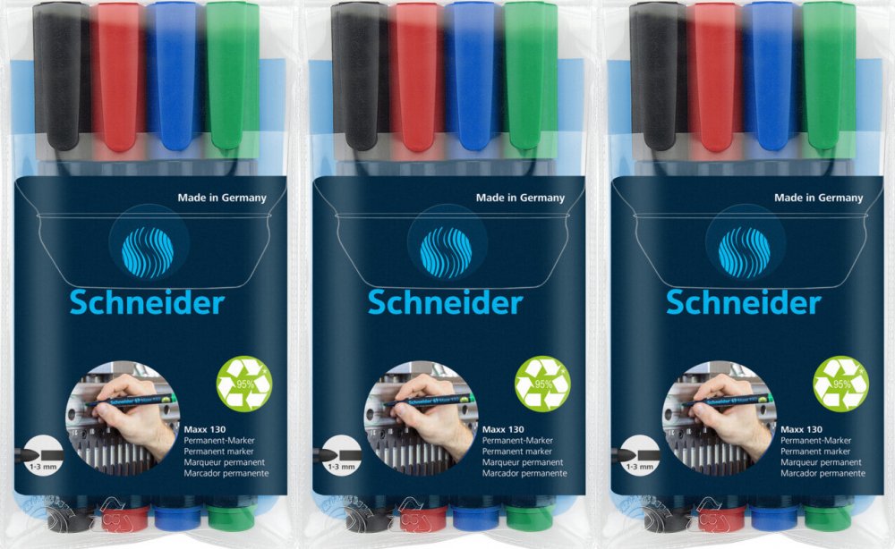 3x Zestaw markerów uniwersalnych Schneider, Maxx 130, okrągła, 1-3 mm, 4 sztuki, mix kolorów