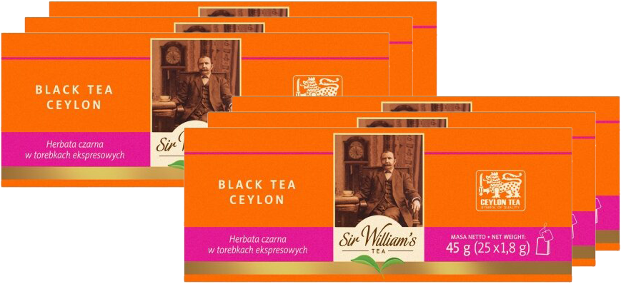 6x Herbata czarna w torebkach Sir William's London Ceylon Black, 25 sztuk x 1.8g