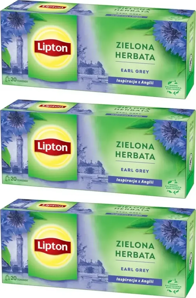 3x Herbata zielona w torebkach Lipton Earl Grey, 20 sztuk x 1.6g